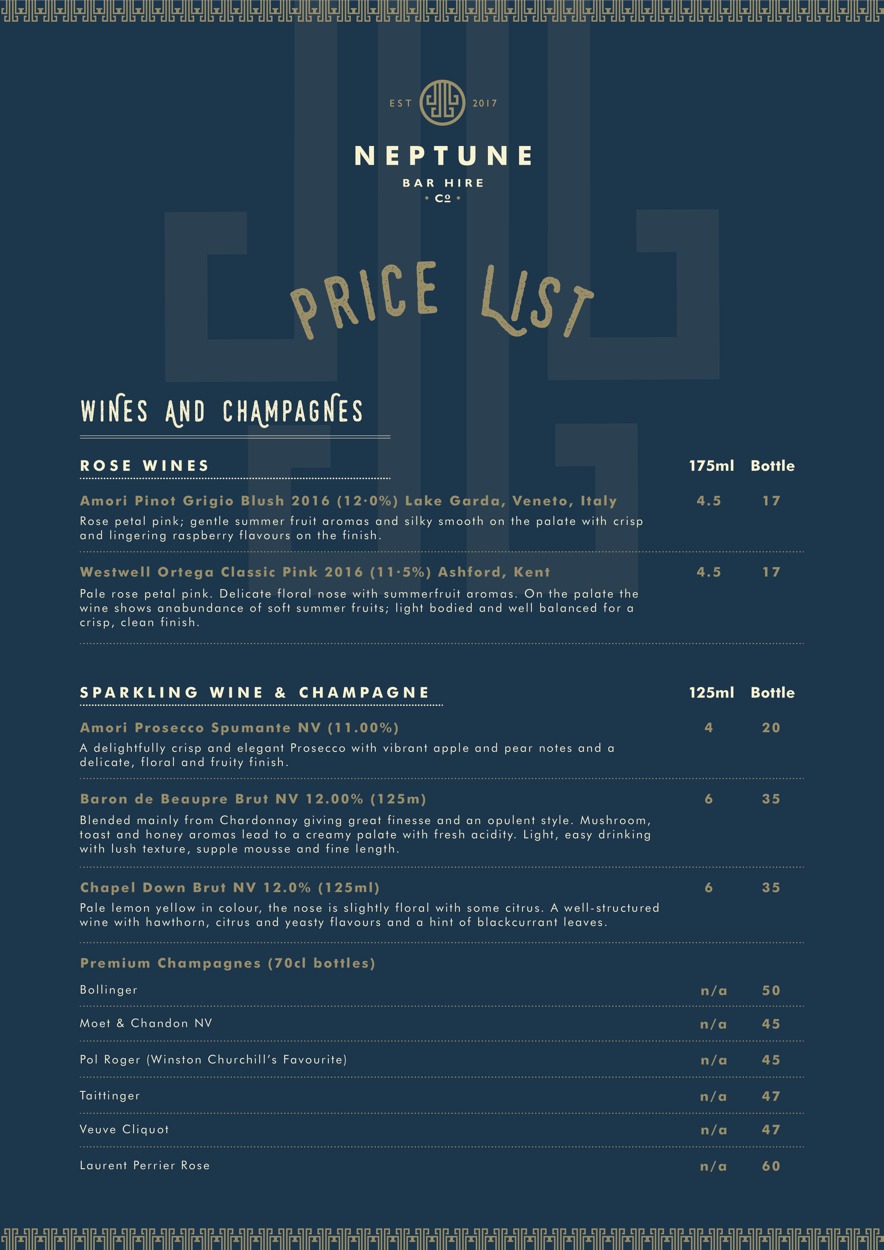 Neptune Bar Hire Company Price List